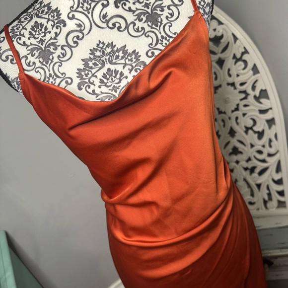 Lulus Satin Drape Midi Slip Dress Size Large Rust Orange Wedding Guest - Picture 3 of 10